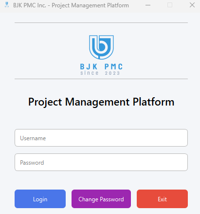 Desktop login — BJK PMC Project Management Platform