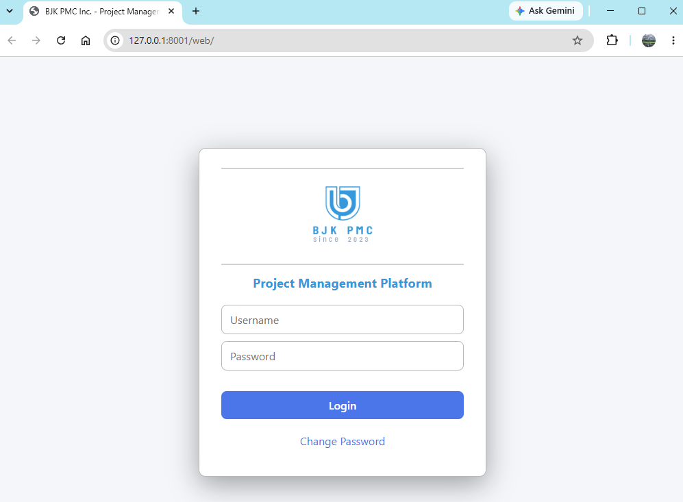 Web login — BJK PMC Project Management Platform